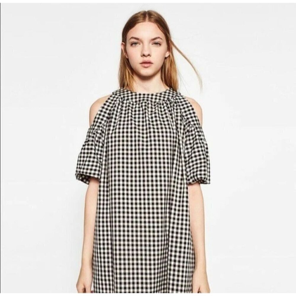 NWOT Zara Gingham Dress Cottage Ultra Oversized Puff Sleeves Bow Closure Pocke